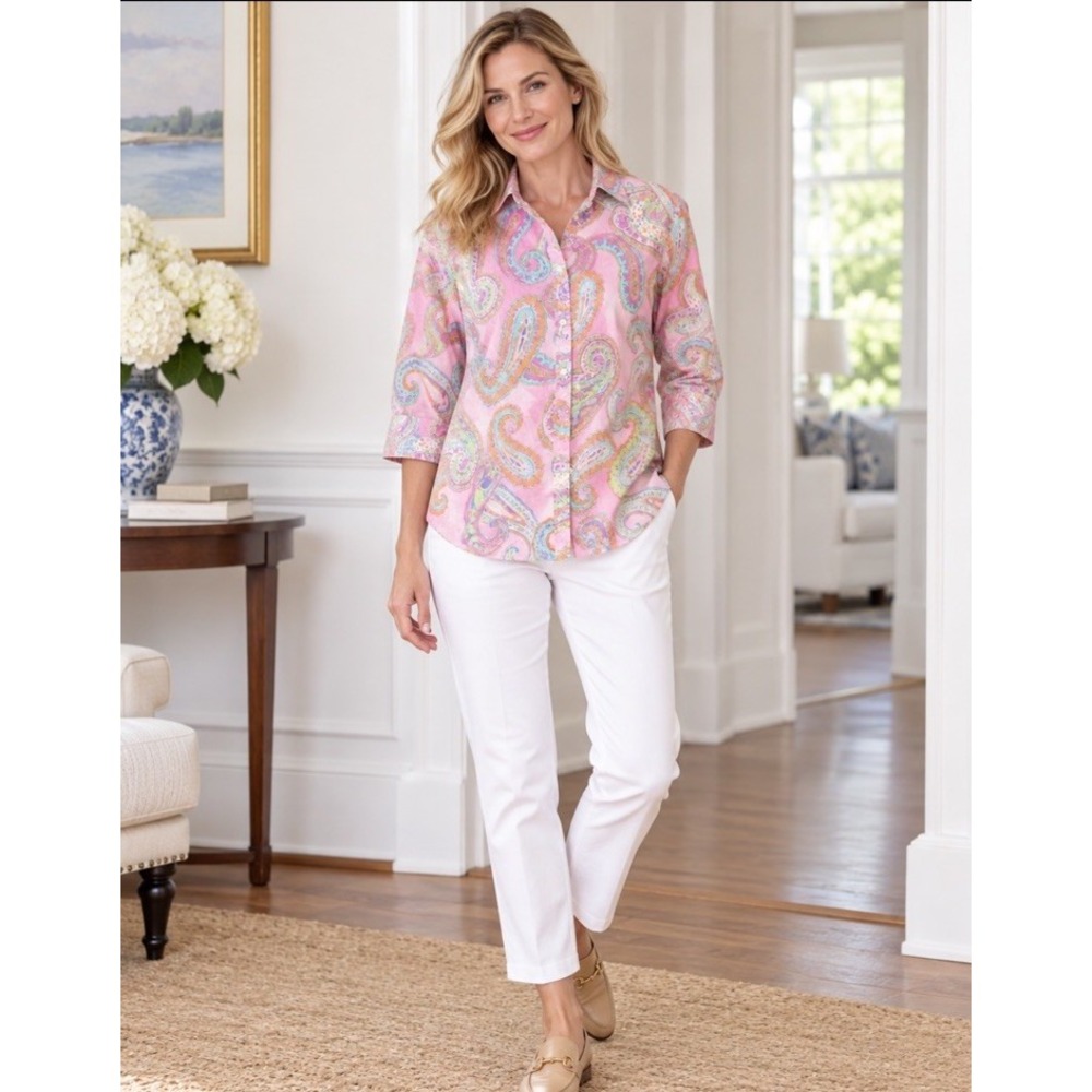 Lauren Ralph Lauren Shirt Sz XL Pink Paisley Floral Button Up 3/4 Sleeve MINT